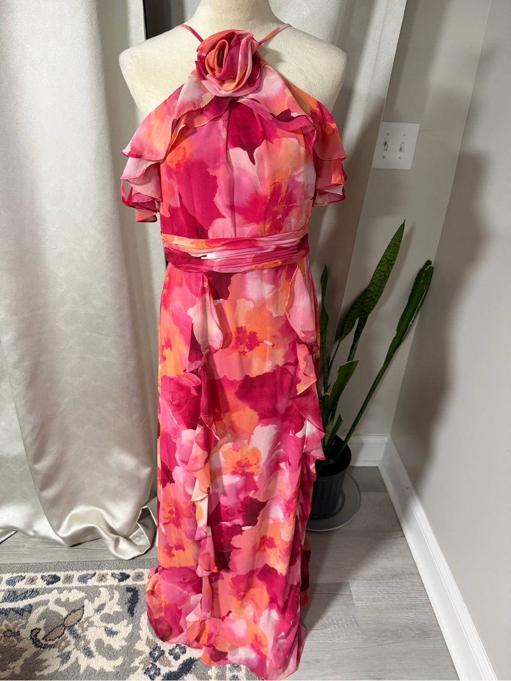 Xscape Pink Orange Floral Halter Ruffle Gown